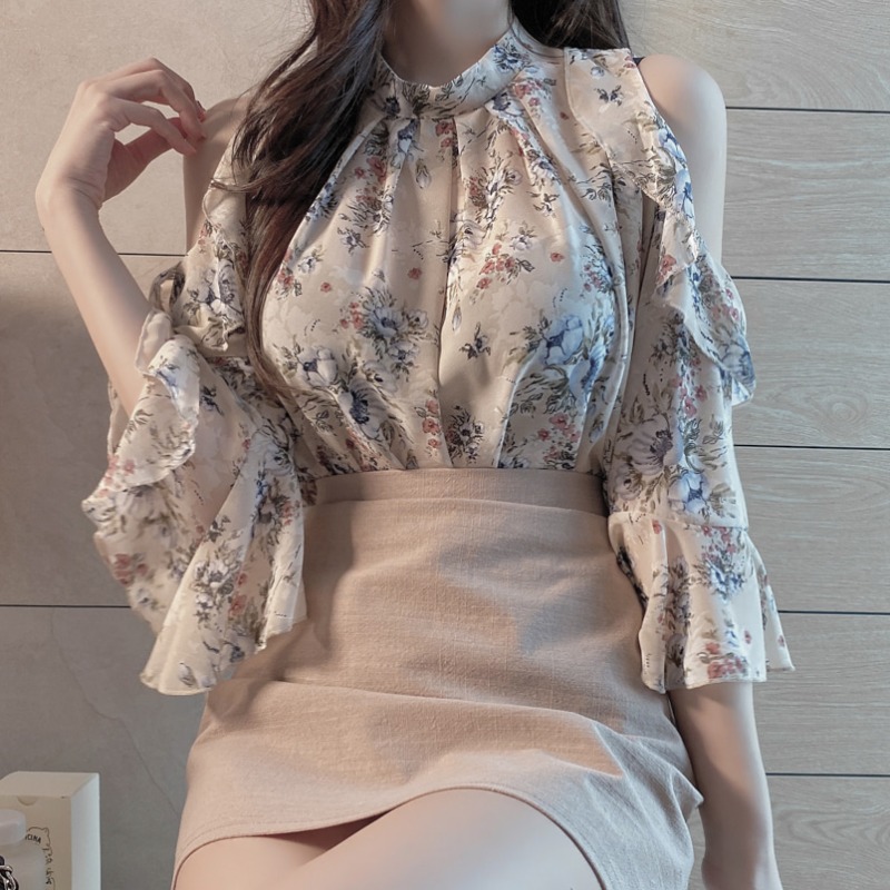 Floral chiffon shirt French summer off-t...