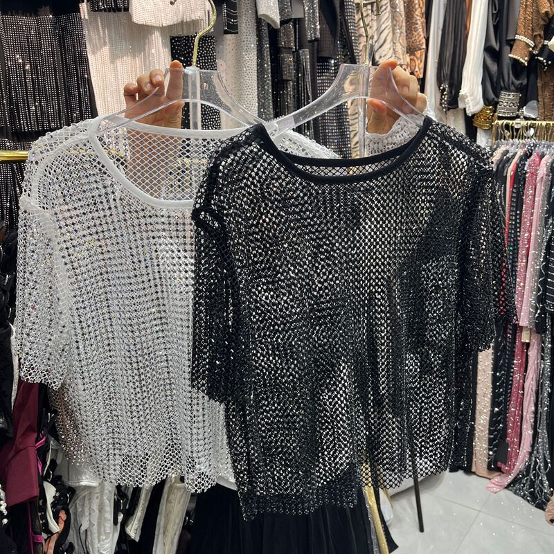 Sparkling Rhinestone Fishnet Round Neck Short Sleeve T-Shirt Korean Style Slimming See-Through Blouse Versatile Top
