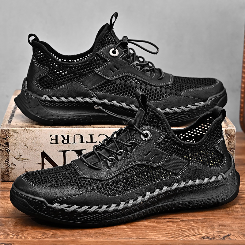 Cross-border Explosions Summer Men's Casual sneaker Comfortable plus size Sewing Cowhide Mesh Shoes Korean Fashionable Men's Shoes