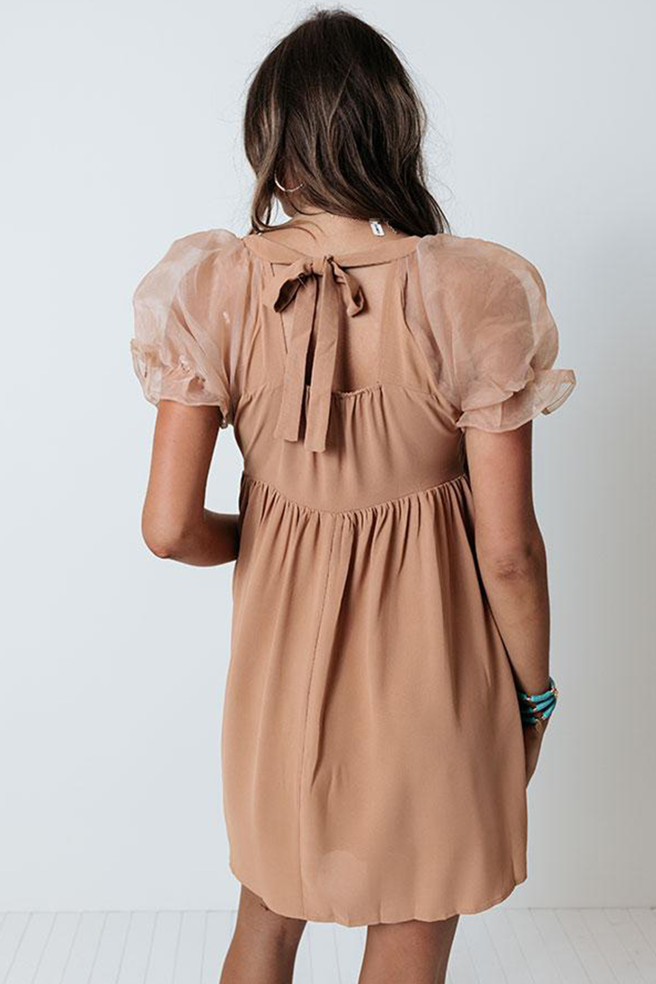 solid color Ruffle Loose High Waist mesh Short Sleeve Dress NSHZ128480