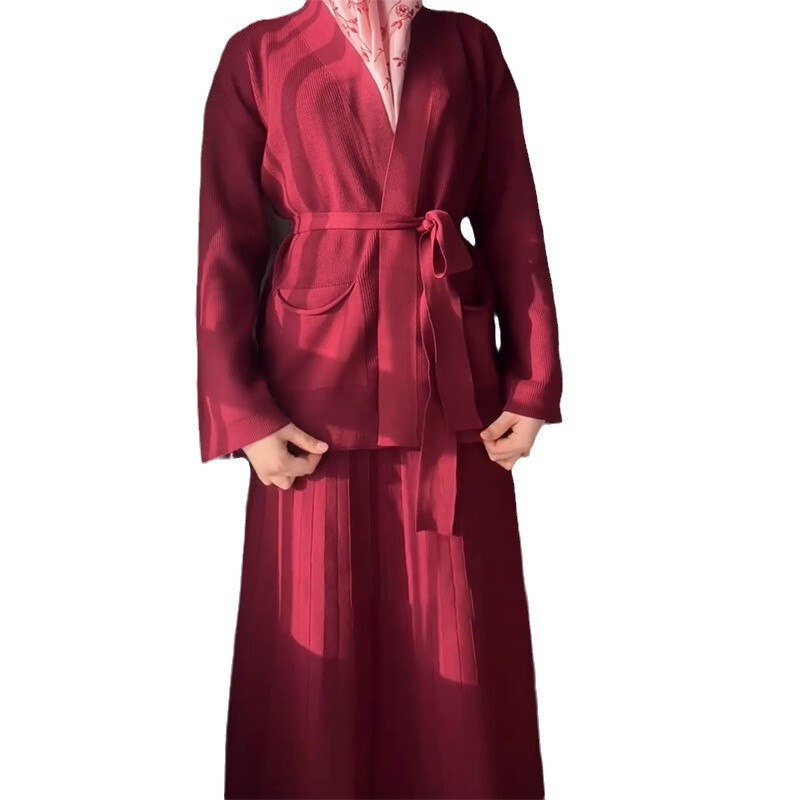 欧美跨境外贸2025春季宽松绑带口袋V领开衫外套舒适半身裙套装女|undefined