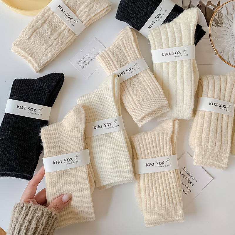 Internet Celebrity Wool Socks Women's Black and White ins Simple Solid Color Mid-tube Stacking Socks Winter Thickened Double Needle Japanese Women's Socks Internet Celebrity Wool Socks Women's Black and White ins Simple Solid Color Mid-tube Stacking Socks Winter Thickened Double Needle Japanese Women's Socks