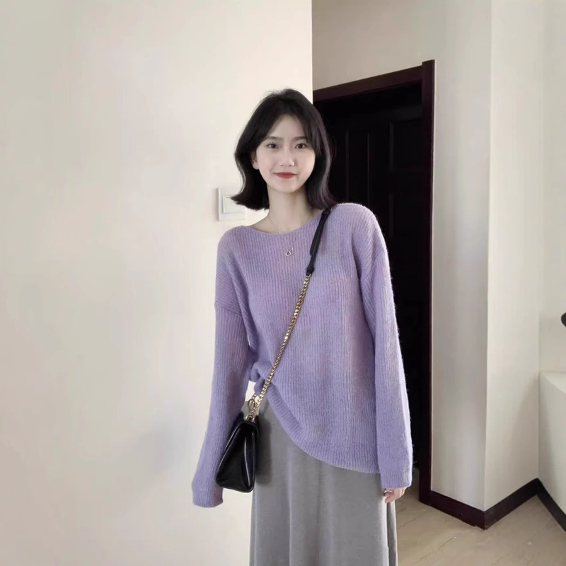 2026 Spring and Autumn Light Purple Taro Sweater, Thin Loose-Fit Lazy Style, Beautiful Knitted Pullover with a High-End Feel