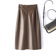 海宁真皮皮裙女中长款高腰显瘦开叉新款绵羊皮包臀过膝腰带半身裙