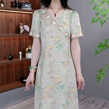 一件代发2025夏季新款文艺复古印花裙宽松刺绣苎麻民族风连衣裙