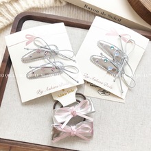 韩版甜美水钻银色亮皮儿童发夹丝带蝴蝶结发绳少女bb夹宝宝发圈