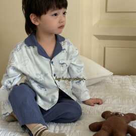 嘿甜心25秋儿童睡衣套装男童双层弹力双纱翻领卡通满印家居服套装