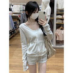 韩系条纹拉链连帽上衣春秋季ins薄款防晒修身开衫运动瑜伽外套女