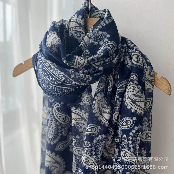 Cotton and linen cashew nut scarf autumn and winter women's new navy blue thin printed ethnic style vintage shawl wholesale