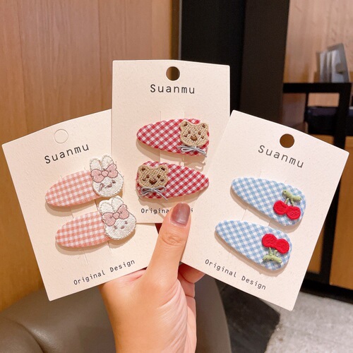 Cute Grid Korean Style Children's Hair Clip Sweet Cherry Bear Girl BB Clip Girls Child Floral Patterns Versatile Bangs Hair Pin