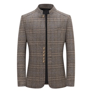 In-Stock Spring and Autumn Men's Casual Plaid Suit Jacket Korean Style Stand Collar Mandarin Collar Striped Blazer Top