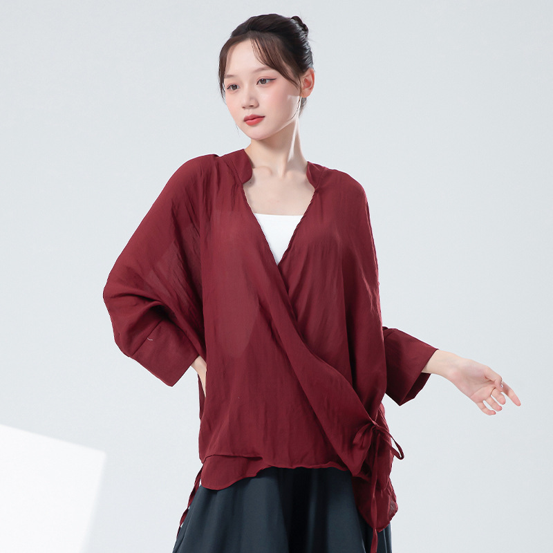 中国禅意风新中式宽松大舞蹈服女交叉小立领露背上衣古典舞练功服|undefined
