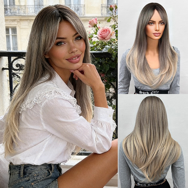 Long straight synthetic wig Gradient Golden wig natural look heat resistant hair suitable for party daily use Long straight synthetic wig Gradient Golden wig natural look heat resistant hair suitable for party daily use