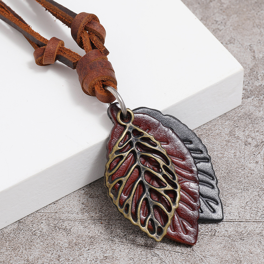 fashion retro leaf pendant leather necklace