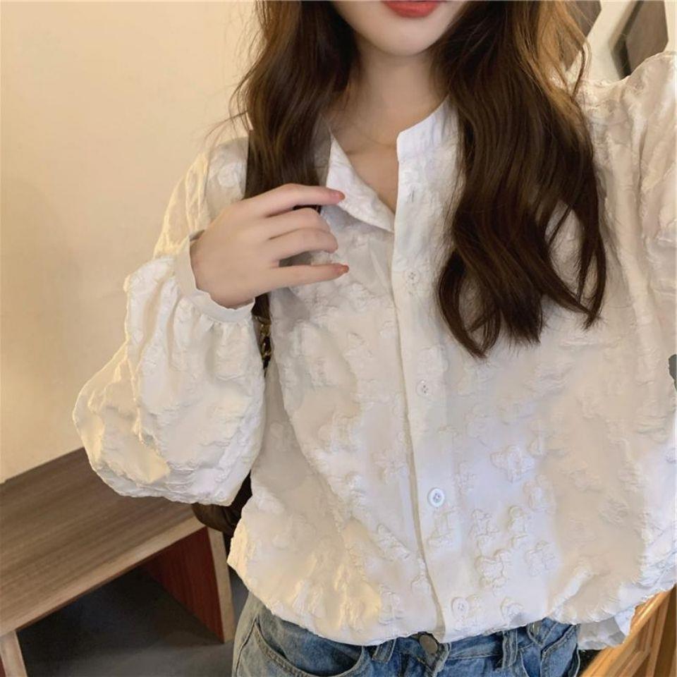 White Blouse for Women, 2025 Spring New Style, Gentle Style with Lace Design, Fashionable Puff Long-Sleeve Shirt Top for Women