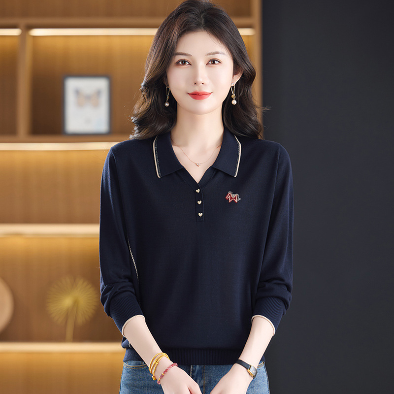Mother's autumn thin knit shirt with a turn-down collar, T-shirt top, fashionable women's clothing for middle-aged and elderly, Tencel T-shirt Mother's autumn thin knit shirt with a turn-down collar, T-shirt top, fashionable women's clothing for middle-aged and elderly, Tencel T-shirt