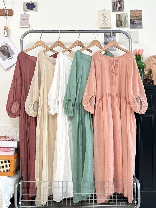 Summer Ramie Dress with Lining, Loose and Flowing, Solid Color, Long Skirt with Wide Hem, Early Autumn, Three-Quarter Sleeves, Thin Babydoll Dress Summer Ramie Dress with Lining, Loose and Flowing, Solid Color, Long Skirt with Wide Hem, Early Autumn, Three-Quarter Sleeves, Thin Babydoll Dress
