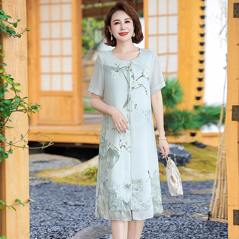 Летнее платье для мамы, модное и благородное шифоновое платье 2025 года, новая элегантная длинная юбка для женщин среднего возраста, юбка для женщин среднего и пожилого возраста