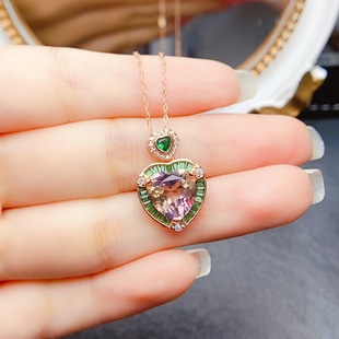 New natural purple yellow crystal pendant S925 silver inlaid main stone 10*10mm Joker net red explosions women's jewelry wholesale