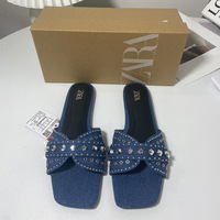 Square toed denim rhinestone rivets, straight strap, flat bottomed slippers for women wearing casual sandals