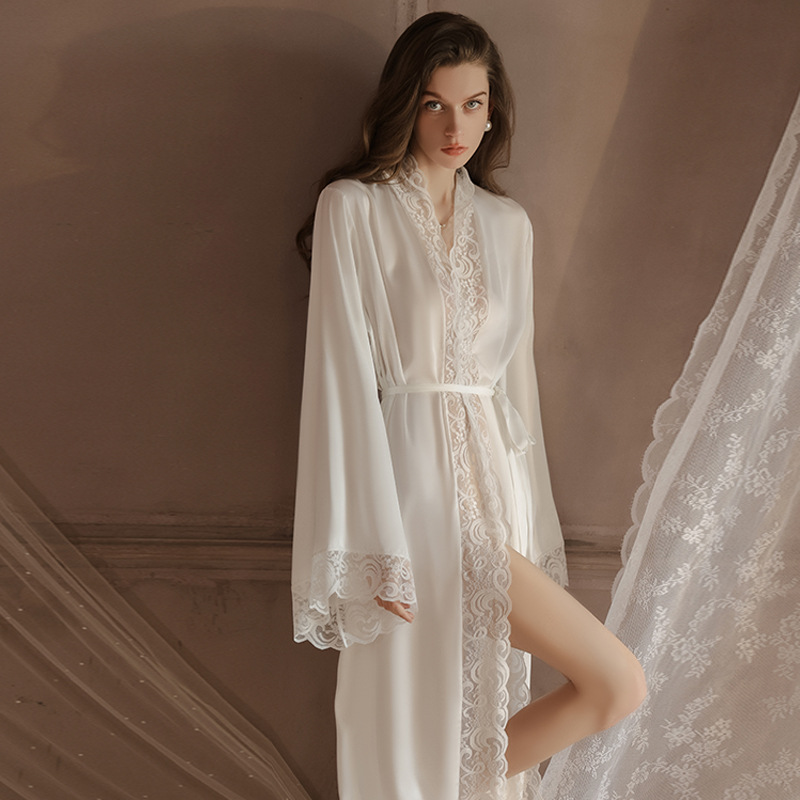 French Style Women's Ice Silk Pajamas Sexy Summer Court Style Long Sleeved Lace Two Piece Loungewear Nightgown Set_voghion.com