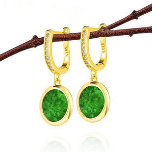 High-grade natural Myanmar A goods jade flower green earrings ice jade stone fashion S925 silver earrings women's wholesale