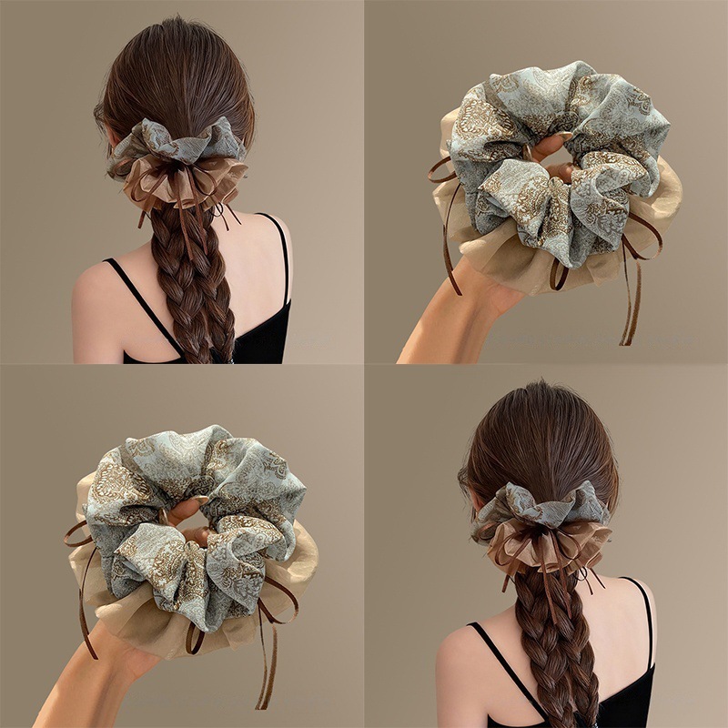 Chouchou haut de gamme à ruban floral pour femme, collection 2025, nouveau style pour chignon et queue de cheval, double rangée de fleurs._voghion.com