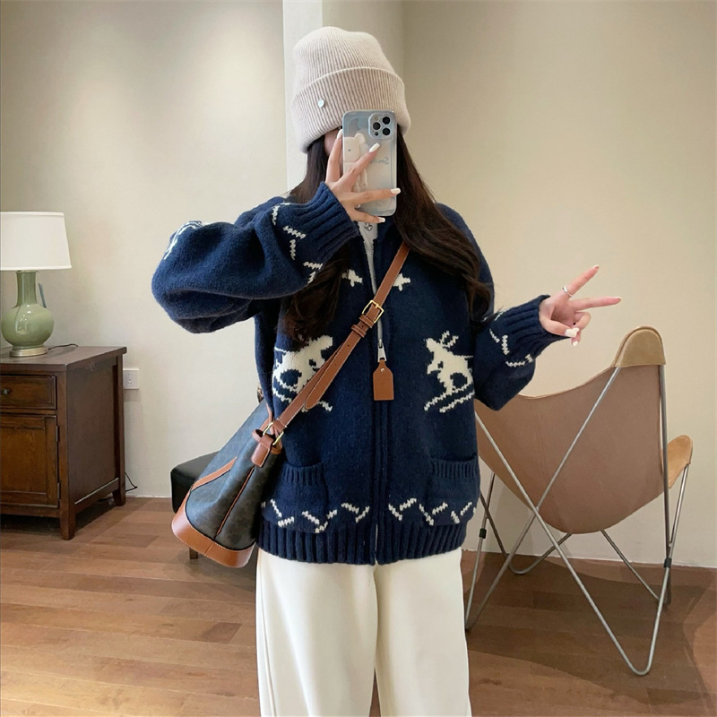 2025 秋冬新韓国スタイルカジュアル多用途シンプルなジッパージャカードセータージャケット女性のニットカーディガントップ|undefined