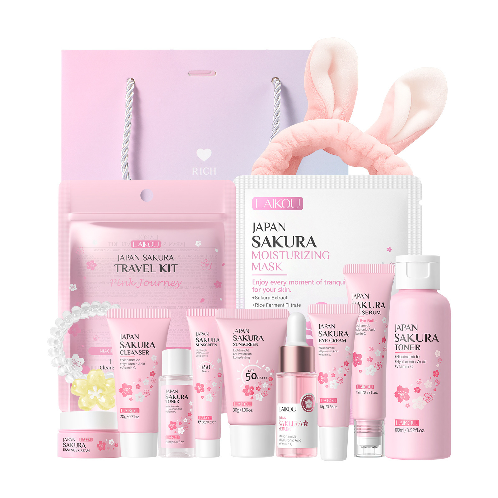 Nuevos productos transfronterizos LAIKOUFENYIQUIYUM combinación de flores de cerezo leche caracol paquete de cuidado de la piel comercio exterior en stock