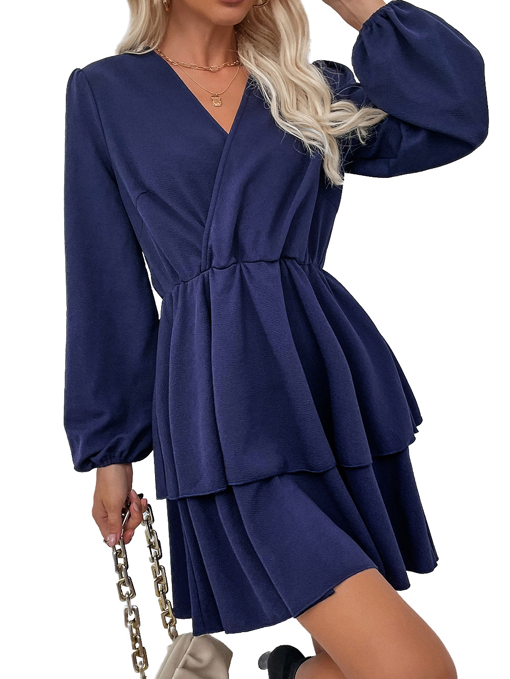  v-neck Casual solid color Long-Sleeved Dress nihaostyles wholesale clothing NSDF84884