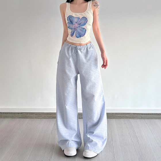 Vacant Girly Style Plaid Bubble Pleated Casual Wide Leg Pants Summer New Lace-up Loosen Versatile Comfortable Trousers
