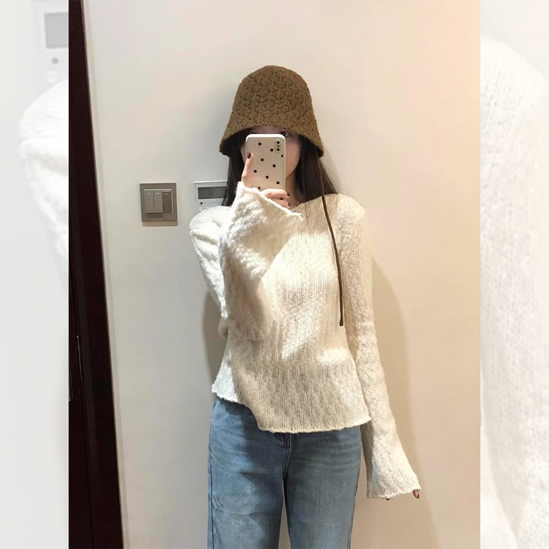 韩系白色喇叭袖长袖针织衫内搭上衣女春秋穿搭高级感气质打底毛衣|undefined