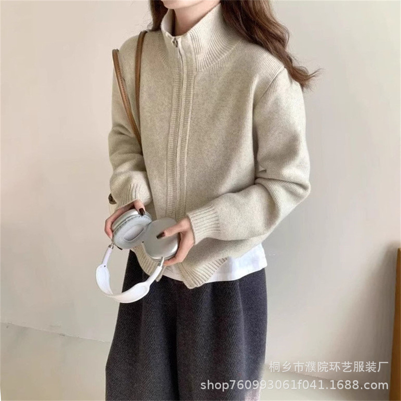 2025 秋と冬の新シンプルなスタイルルーズセータージャケット女性のための韓国スタイル怠惰なスタイルダブルジッパースタンドカラーニットカーディガン|undefined