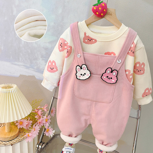 Boys' and Girls' Autumn and Winter Set  New Arrival Cute Baby Fleece Overalls Two-Piece Set for Toddlers 2457