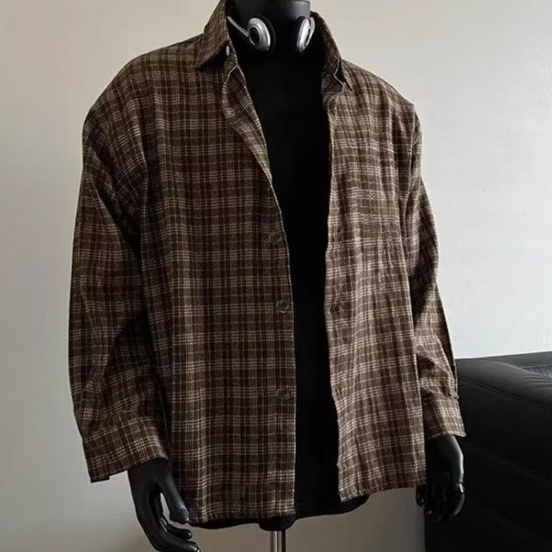Retro Contrasting Color Plaid Shirt for Men, Long-Sleeved Top, Loose-Fitting, High-End Plaid Base Shirt, Layered with Casual Jacket