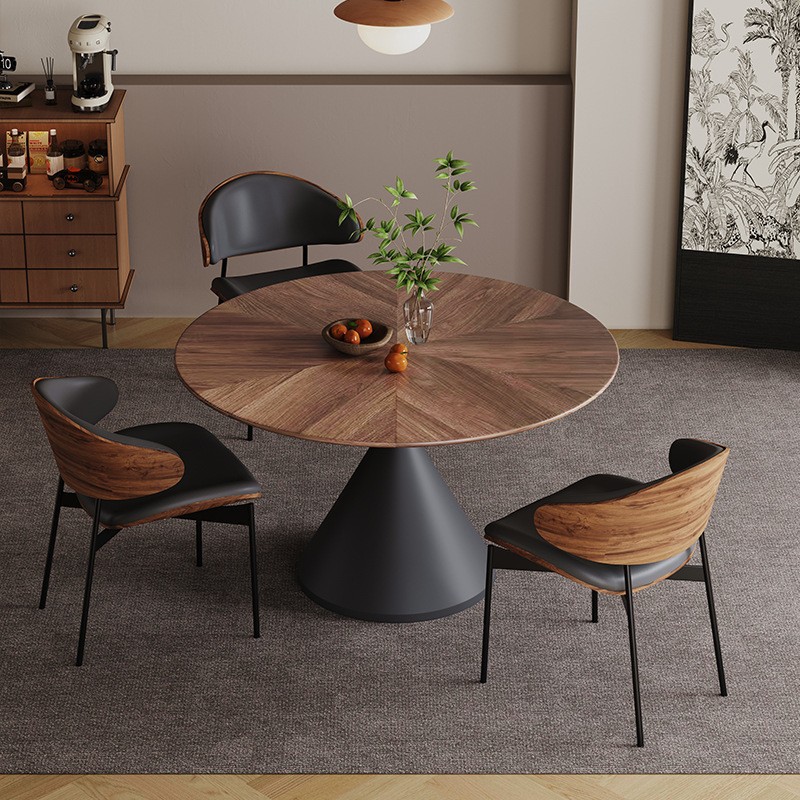 Mesa de comedor redonda de madera maciza medieval, mesa redonda de color nórdico retro de madera de nuez, estilo moderno y simple