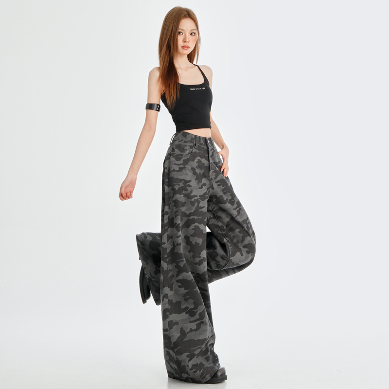 American Style High Street Vintage Camouflage Fixwear Jeans Women's Spring and Summer 2025 New High Waist Loose Wide Leg Trousers