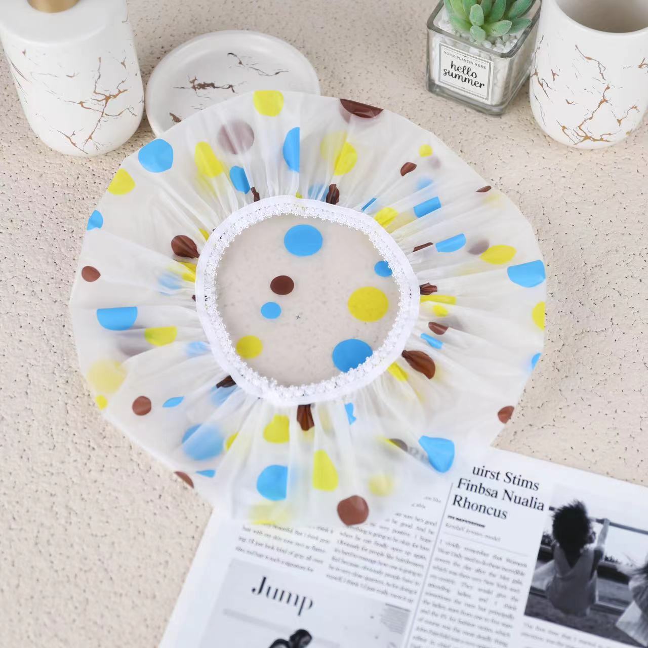 Capas de impresión de PE de una sola capa sombrero de baño más grosado sombrero de baño impermeable sombrero de pelo seco sombrero de ducha sombrero de máscara de pelo sombrero de pelo