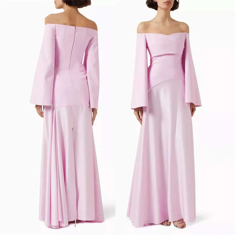 Pink European and American Style Ball Gown, High-End One-Shoulder Design, Simple Waist-Cinching Design, Slimming Long Dress, Winter Style Gown