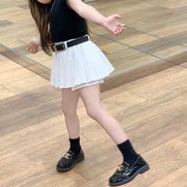 韩版套装2024夏季韩版女宝宝半高领短袖上衣白色百褶裙裤两件套装