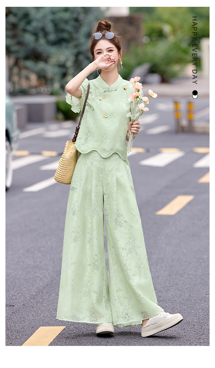 Bộ váy hai mảnh tay ngắn phong cách Trung Hoa cổ điển họa tiết jacquard mùa hè 2025 — Màu vàng be, Màu xanh lá chi tiết 6