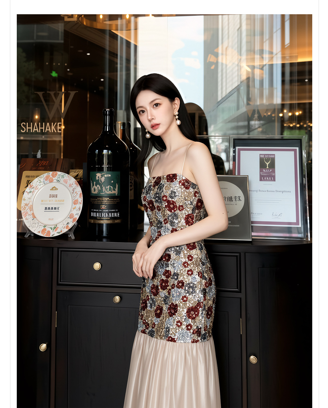 Bộ đầm dây maxi thêu ren kết hợp kim sa phong cách Tân Trung Hoa + áo khoác choàng vai — Trang chủ, bộ đồ, đầm dây chi tiết 2