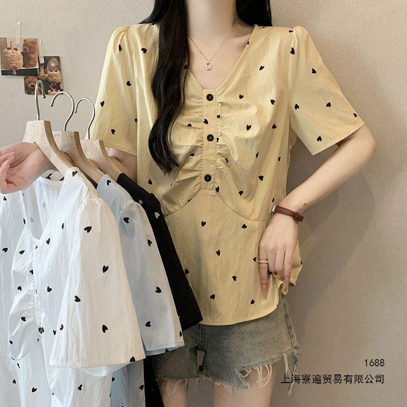 Plus-Size Summer New Korean-Style Sweet V-Neck Heart-Pattern Short-Sleeve Shirt with Ruffled Hem Loose Top for Women Plus-Size Summer New Korean-Style Sweet V-Neck Heart-Pattern Short-Sleeve Shirt with Ruffled Hem Loose Top for Women