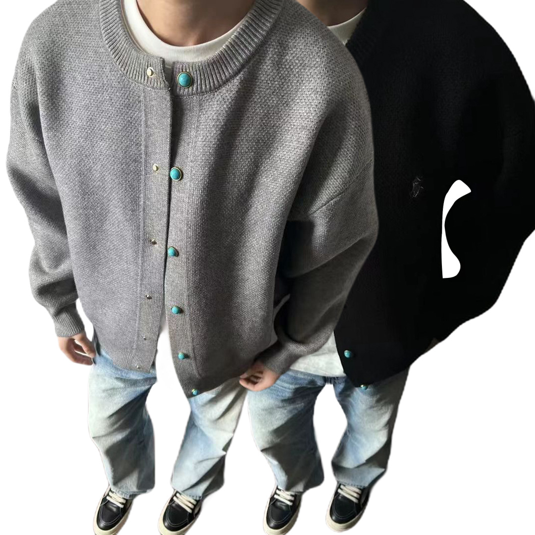 Explosiones transfronterizas de tamaño europeo bordado cardigan jersey suéter hombre chaqueta vieja fábrica de viento de dinero turquesa mayorista