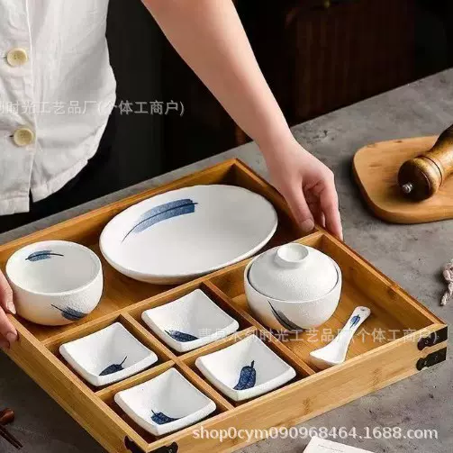 新款现货民宿酒店高颜值日式分格分类实用木制早餐分餐盒竹制托盘