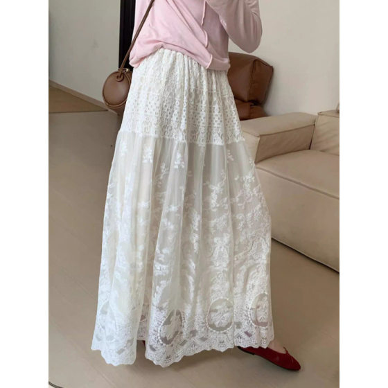French Lace White Skirt for Women 2025 New Spring and Summer Mid-Length Gentle Elegant Slimming Look Umbrella Skirt