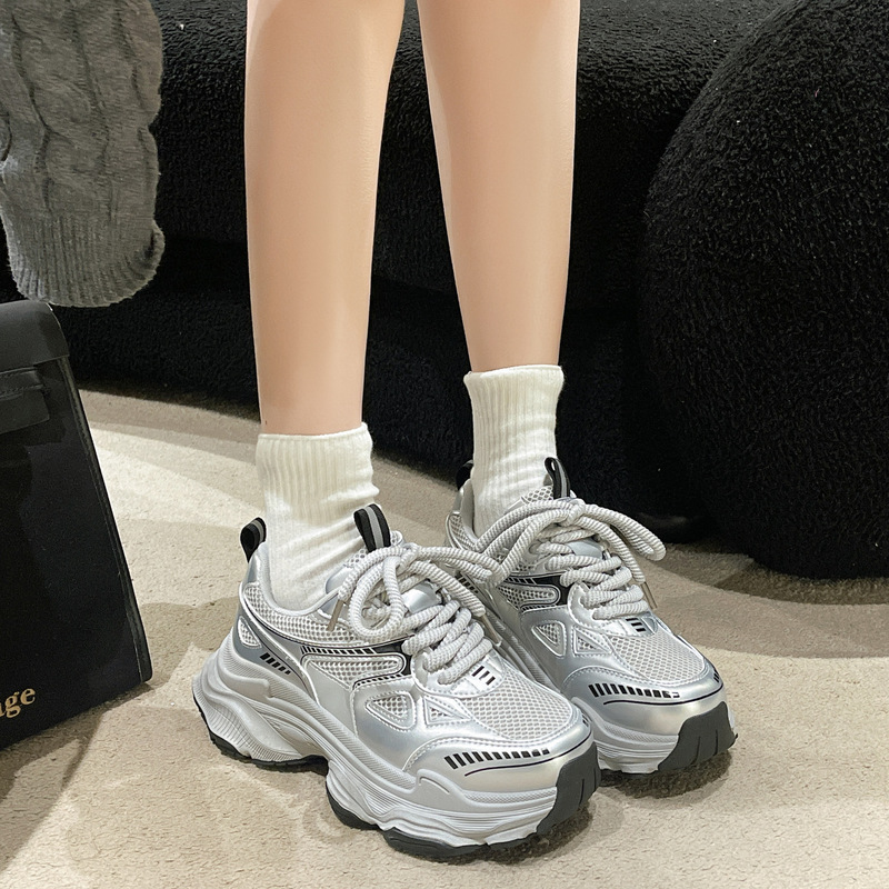 巴黎老爹鞋女2025春夏季新款厚底增高网面透气轻便银色休闲运动鞋|undefined