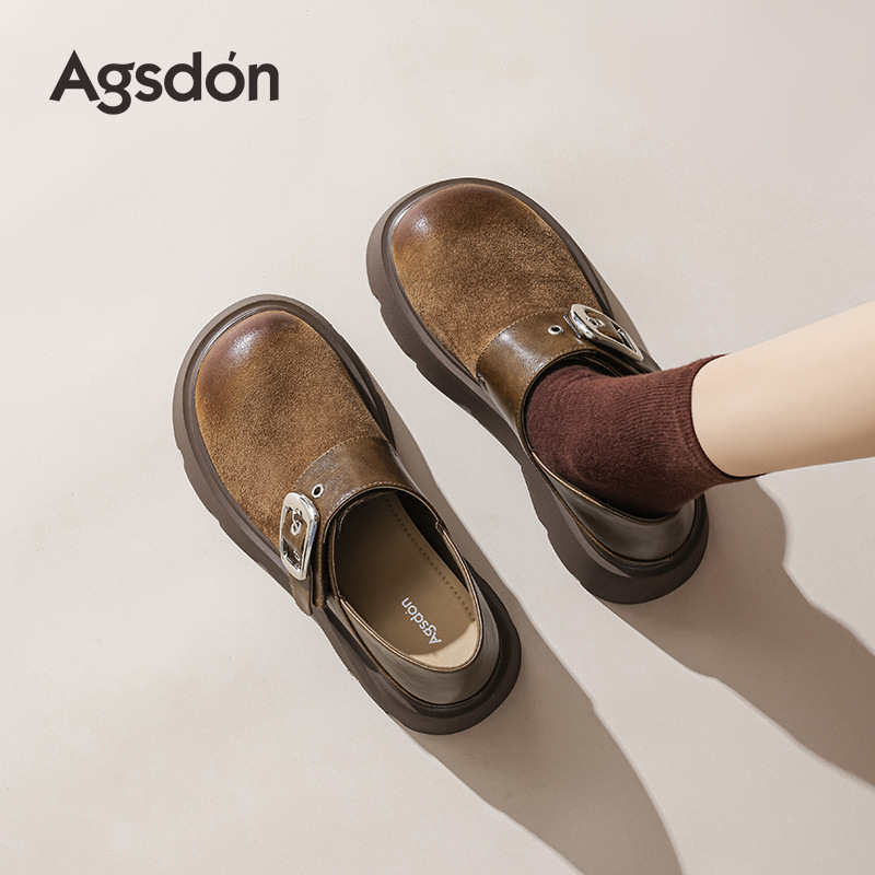 Augu ShiDeng zapatos Lefour de fondo grueso para mujeres 2025 nuevo otoño invierno retro zapatos marrones una sola cabeza de bolsillo un pie zapatos burkin