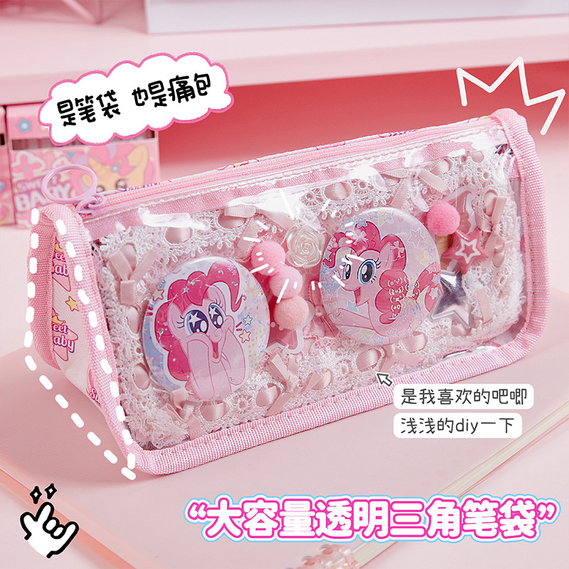 Dolor bebé pony bolsas de lápiz de alto valor de la cara de los estudiantes de primaria caja de lápiz triangular transparente niñas bolsas de papelería de gran capacidad