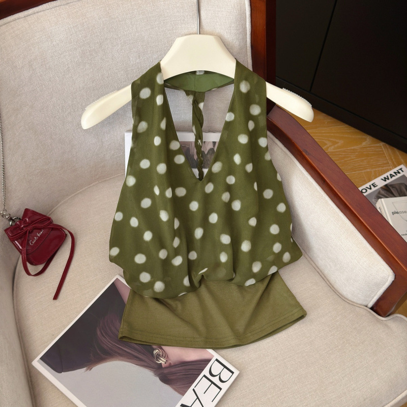 Real Shot of a Sexy Backless Polka Dot Faux Two-Piece Top for Women, New Summer Style, Pure Desire Sleeveless Halter Top